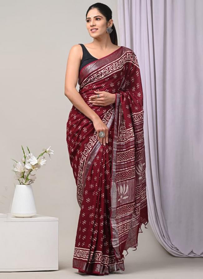 Linen Maroon Casual Wear Printed Saree